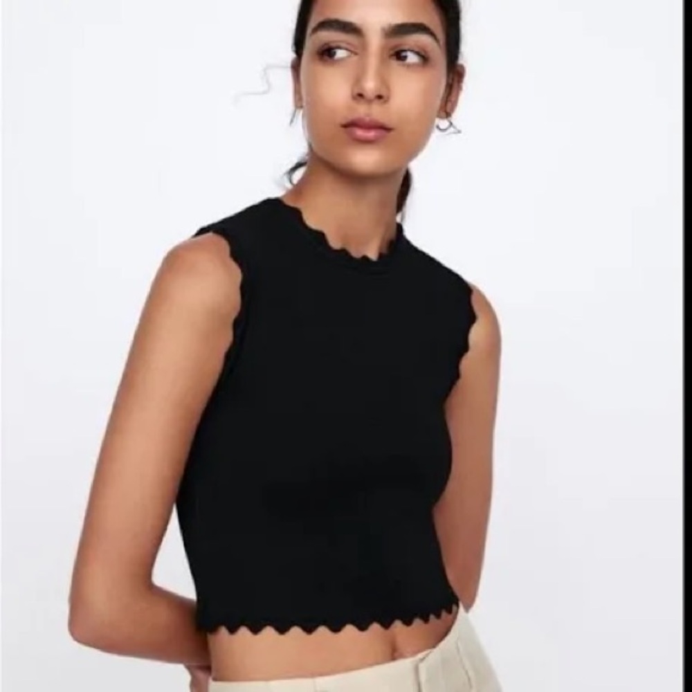 Zara black sleeveless crop top, scalloped cut out design